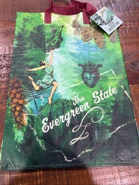 Reusable Grocery Tote Bag - Evergreen State Graphic, Green with Maroon Handles